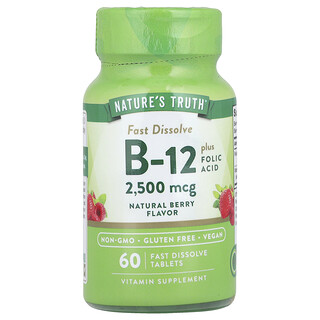 Nature's Truth, Vitamina B-12 mais Ácido Fólico, Fruto Silvestre Natural, 2.500 mcg, 60 Comprimidos de Dissolução Rápida
