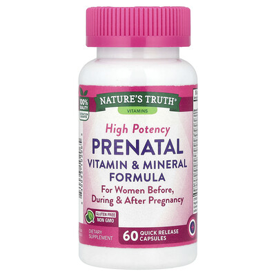 Nature's Truth, Fórmula prenatal con vitaminas y minerales, Alta potencia, 60 cápsulas de liberación rápida
