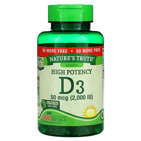 Высокоэффективный витамин D3, 50 мкг (2000 МЕ), 300 мягких таблеток быстрого высвобождения