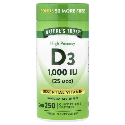 Nature's Truth, Vitamina D3 de alta potencia, 25 mcg (1000 UI), 250 cápsulas blandas de liberación rápida