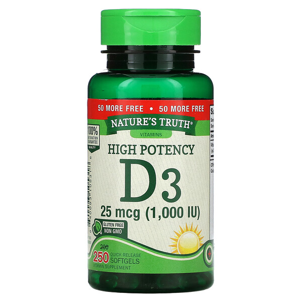 High Potency Vitamin D3, 25 mcg (1,000 IU), 250 Quick Release Softgels
