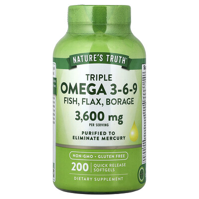 Nature's Truth, Triple omega-3, -6 y -9, Pescado, linaza y borraja, 200 cápsulas blandas de liberación rápida