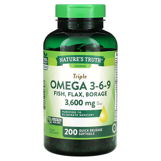 Nature's Truth, Vitaminas, Triple omega 3-6-9, Pescado, lino y borraja, 3600 mg, 200 cápsulas blandas de liberación rápida (1200 mg por cápsula blanda)