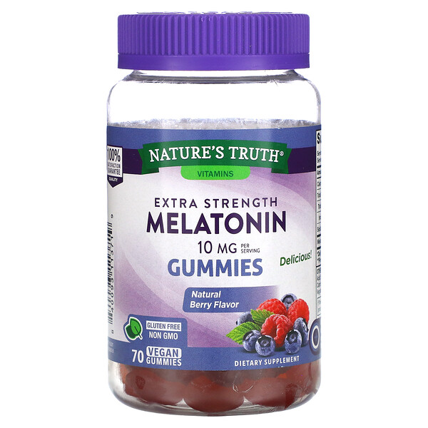 Melatonina, Concentración extra, Baya natural, 5 mg, 70 gomitas veganas