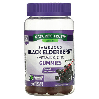 Nature's Truth, Sambucus Black Elderberry Plus Vitamin C & Zinc, Holunder und Vitamin C und Zink, natürliche Beere, 50 vegane Fruchtgummis