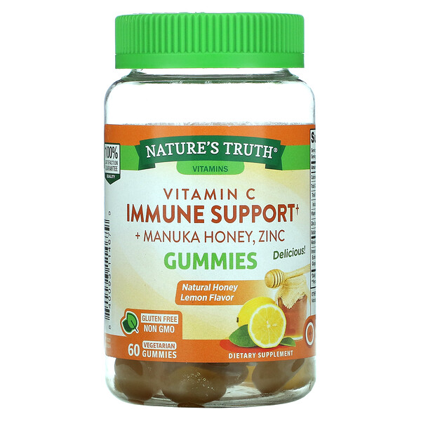 Витамин C для поддержки иммунитета + мед манука, цинк, натуральный мед с лимоном, 60 вегетарианских жевательных конфет