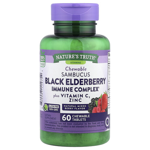 Nature's Truth Sambucus Black Elderberry Immune Complex Plus Vitamin C & Zinc, Natural Mixed Berry, 60 Chewable Tablets