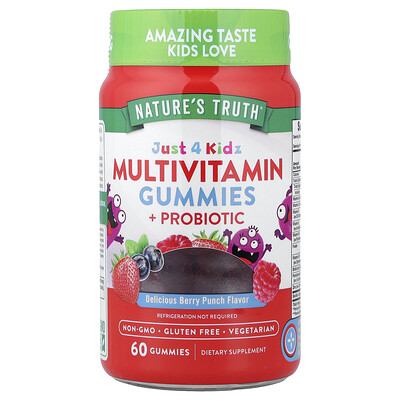Nature's Truth, Just 4 Kidz, Suplemento multivitamínico y probiótico, Ponche de bayas naturales, 60 gomitas vegetales