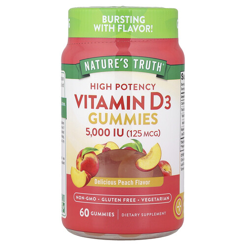 Nature's Truth, Vitamin D3 Gummies, hochwirksame Fruchtgummis mit Vitamin D3, köstlicher Pfirsich, 125 mcg (5.000 IU), 60 Fruchtgummis