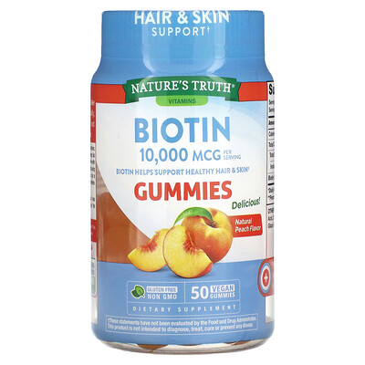 

Nature's Truth Биотин, натуральный персик, 5000 мкг, 50 веганских жевательных таблеток