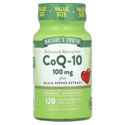 Nature's Truth, CoQ10 más extracto de pimienta negra, Absorción mejorada, 100 mg, 120 cápsulas blandas de liberación rápida