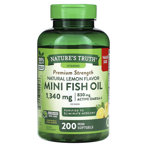 Nature's Truth, Mini Fish Oil, Premium Strength, Natural Lemon, 200 Mini Softgels (670 mg per Softgel)