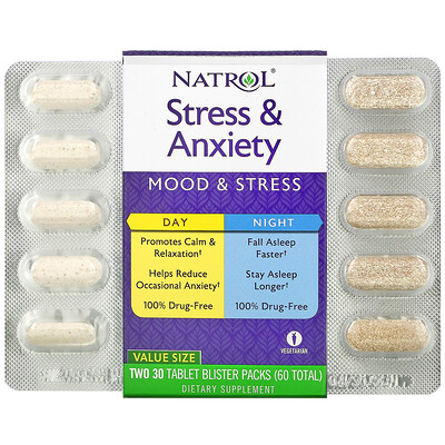 

Natrol, Stress & Anxiety, Day & Night, Two 30 Tablet Blister Packs (60 Total)