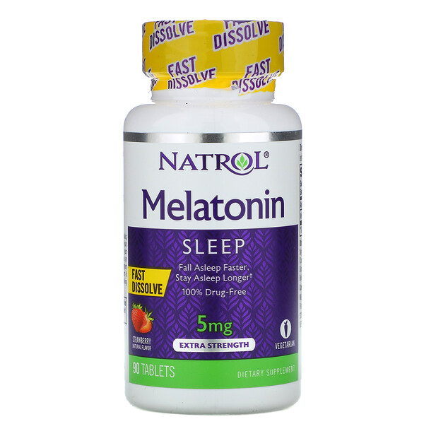 Natrol‏, מלטונין, נמס במהירות, עוצמה מוגברת, תות שדה, 5 מ"ג, 90 טבליות