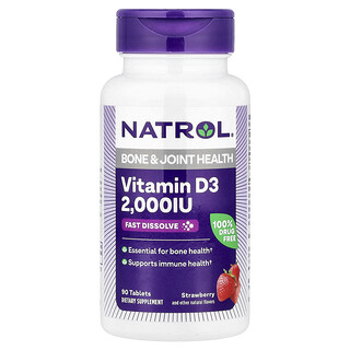 Natrol, Vitamina D3, Sănătatea oaselor și articulațiilor, Căpșuni, 2.000 UI, 90 de comprimate