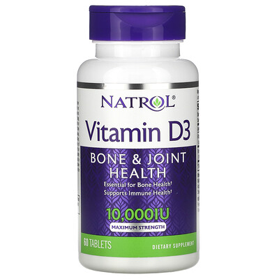 Natrol витамин D3, здоровье костей и суставов, максимальная сила действия, 10 000 МЕ, 60 таблеток