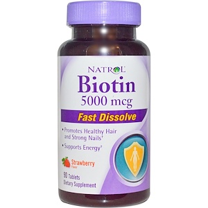 Natrol, Биотин (Biotin), с клубничным вкусом, 5000 мкг, 90 таблеток