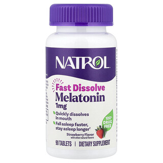 Natrol, Melatoniini, nopeasti liukeneva, mansikka, 1 mg, 90 tablettia