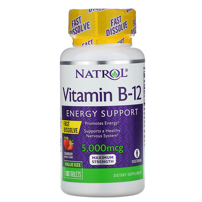 Natrol Витамин B12, быстрорастворимый, максимальная эффективность, клубника, 5000 мкг, 100 таблеток