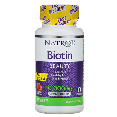 Natrol Биотин, максимальная эффективность, клубника, 10 000 мкг, 60 таблеток