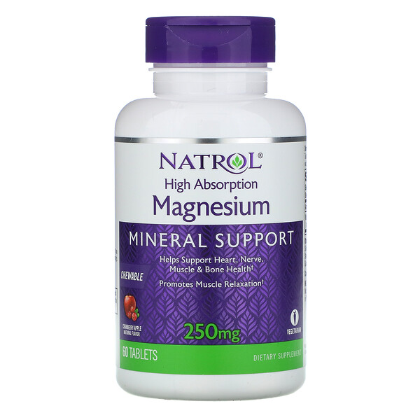 Natrol, магний с высоким усвоением, натуральный ароматизатор «Клюква и яблоко», 250 мг, 60 таблеток