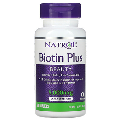 

Natrol Biotin Plus, повышенная эффективность, 5000 мкг, 60 таблеток