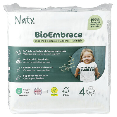 Naty, Pañales BioEmbrace, Tamaño 4, 15-40 lb, 26 pañales