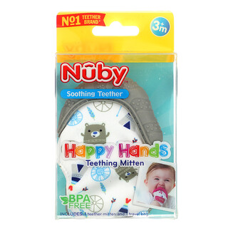 Nuby, Soothing Teether, Happy Hands Teething Mitten, 3+ Months, Bears, 2 Piece Set