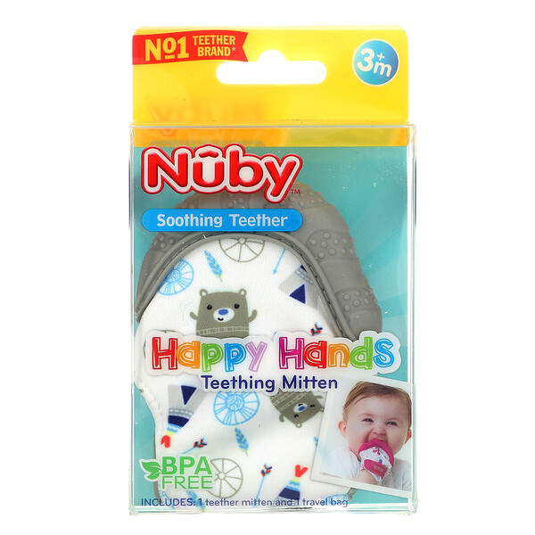 Soothing Teether, Happy Hands Teething Mitten, 3+ Months, Bears, 2 Piece Set