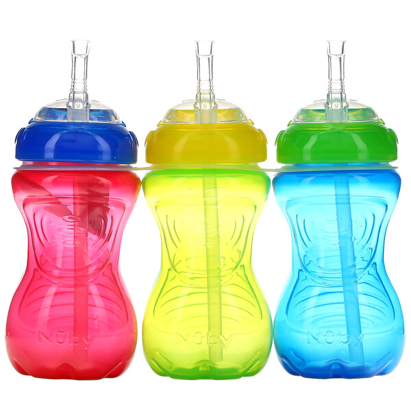 Nuby‏, No Spill Flex Straw Cups, 12+ M, 3 Pack, 10 oz (300 ml) Each