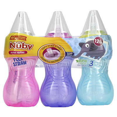 Nuby Clik-it FlexStraw Cup для детей от 12 месяцев для девочек 3 упаковки по 300 мл (10 унций)