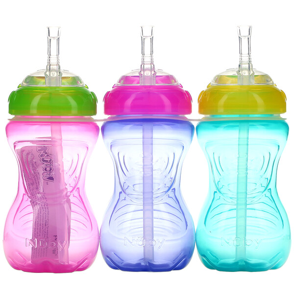 Nuby‏, No Spill FlexStraw Cups, 12+ M, Girl, 3 Pack, 10 oz (300 ml) Each