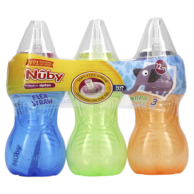 Nuby Стаканы FlexStraw без разлива для детей от 12 месяцев нейтральные 3 упаковки по 300 мл (10 унций)