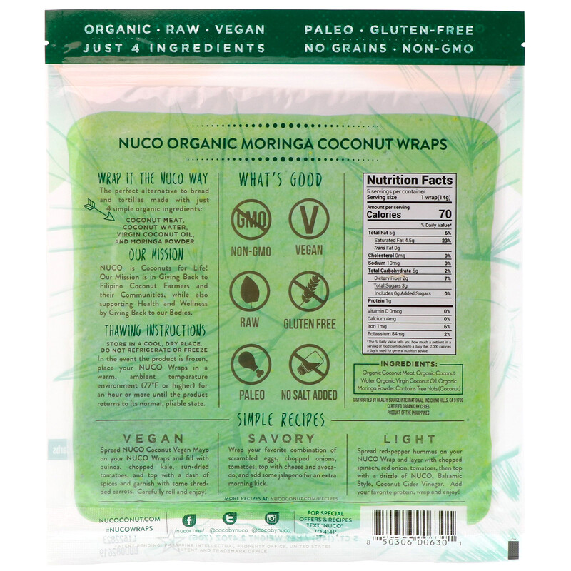 NUCO, Organic Coconut Wraps, Moringa, 5 Wraps (14 g) Each iHerb