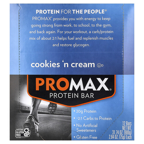 NuGo Nutrition, ProMax® Protein Bar, Cookies 'n Cream, 12 Bars, 2.64 oz (75 g) Each