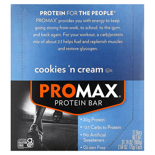 NuGo Nutrition, ProMax Protein Bar, Cookies 'n' Cream, 12 Bars, 2.64 oz (75 g) Each