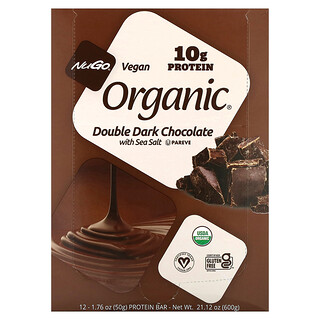 NuGo Nutrition, Organic® Proteinrepen, Dubbele Pure Chocolade met Zeezout, 12 repen, 50 g per stuk