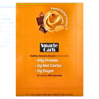NuGo Nutrition, Barrita proteica Smarte Carb®, Mantequilla de maní crujiente, 12 barritas, 52 g (1,83 oz) cada una