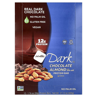 NuGo Nutrition, Dark®, Proteínové tyčinky, čokoládovo-mandľové s morskou soľou, 12 tyčiniek, každá po 50 g