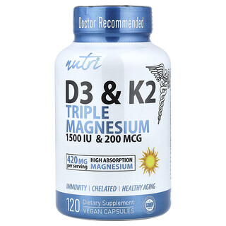 Nutri, Triple magnesio D3 y K2, 120 cápsulas veganas