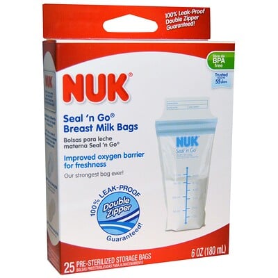 NUK Пакеты для грудного молока Seal 'n Go, 25 пакетов для хранения, каждый объемом 6 oz (180 мл)