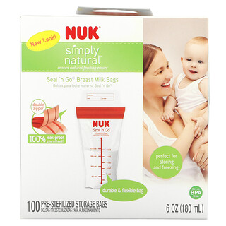 NUK, Seal 'n Go, Breast Milk Bags, 100 Pre-Sterilized Storage Bags, 6 oz (180 ml) Each