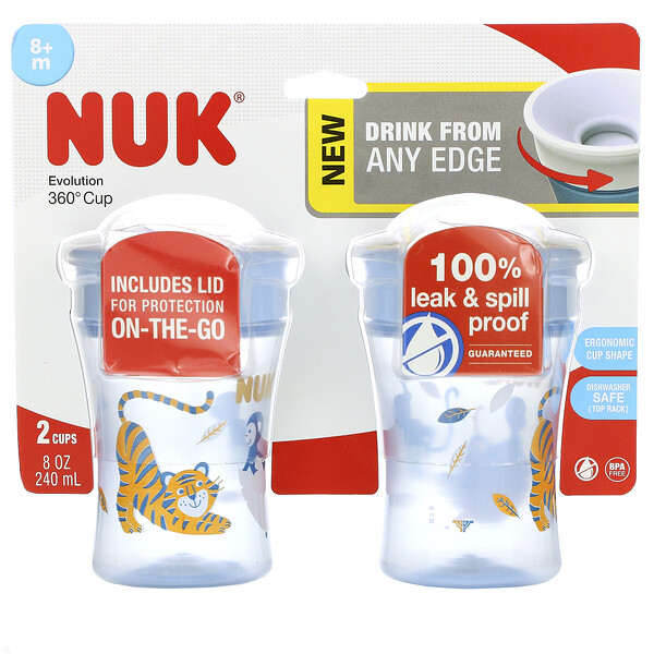 NUK‏, כוס אימון, לגיל 8 חודשים ומעלה, 2 כוסות, 240 מ"ל (8 אונקיות)