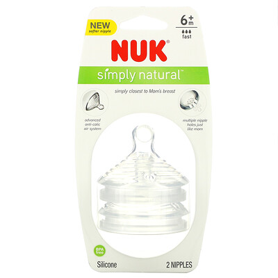 NUK Simply Natural, Соски, от 6 месяцев, Fast Flow, 2 шт. В упаковке
