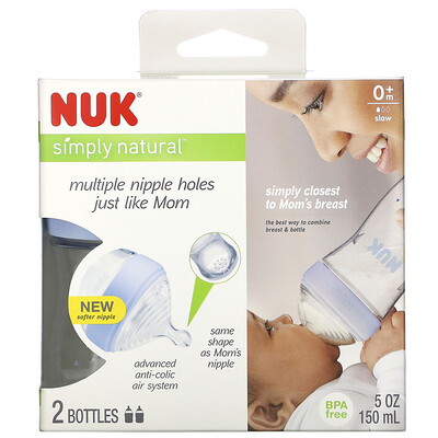 NUK Simply Natural, Bottles, 0+ Months, Slow, 2 Pack, 5 oz (150 ml) Each