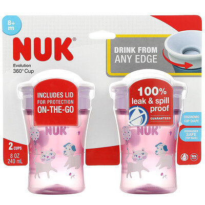 NUK Evolution 360 Cup, 8+ Months, Pink, 2 Pack, 8 oz (240 ml) Each