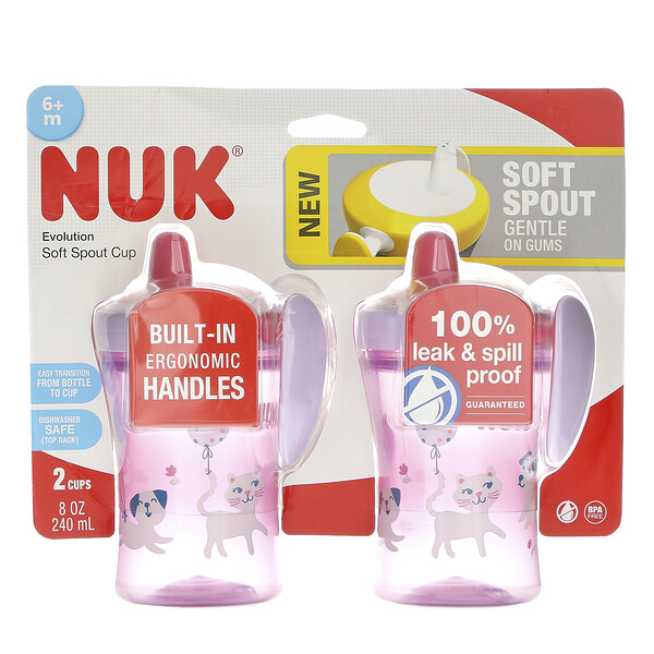 NUK‏, Evolution Soft Spout Cup, 6 + Months, 2 Cups, 8 oz (240 ml) Each