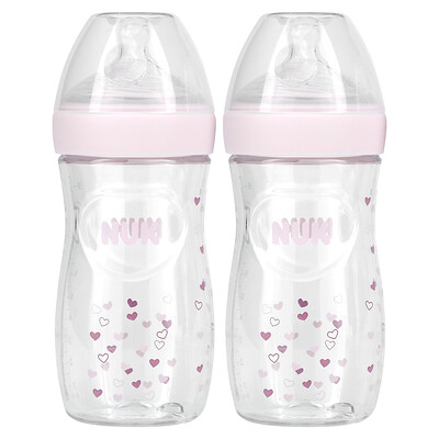 NUK Simply Natural Baby Bottle, 1+ Months, Medium, Pink, 2 Bottles, 9 oz (270 ml) Each