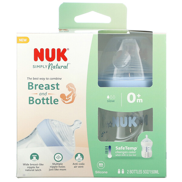 NUK‏, Simply Natural Bottles, 0+ Months, Slow, Blue, 2 Bottles, 5 oz (150 ml) Each