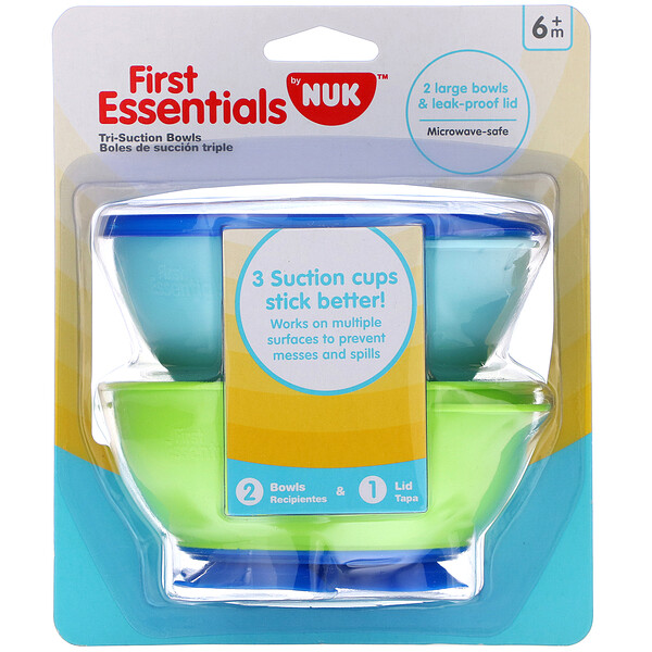 NUK‏, First Essentials, קערות יניקה משולשת, 6 חודשים ומעלה, 2 קערות ומכסה אחד